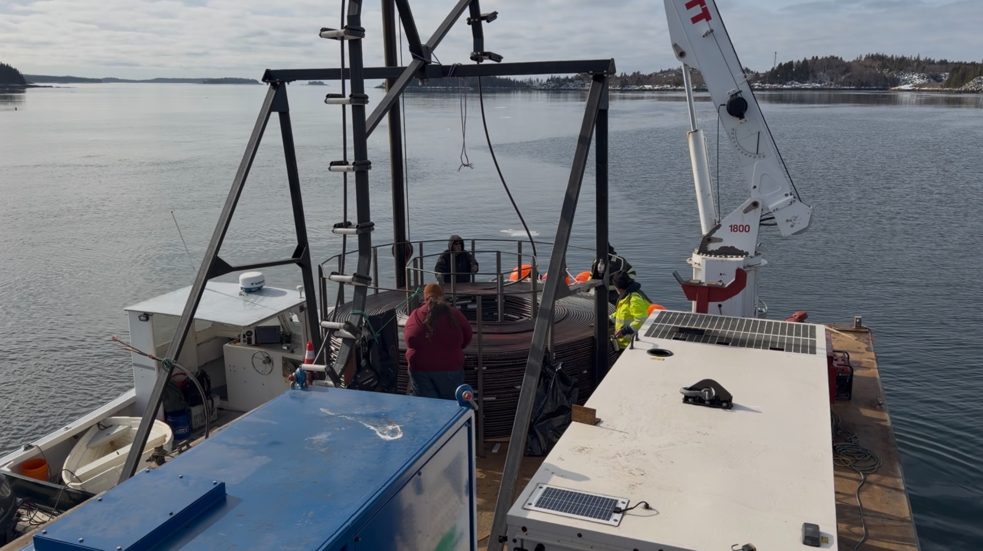 Barge setting off to lay the cable from Stonington in February