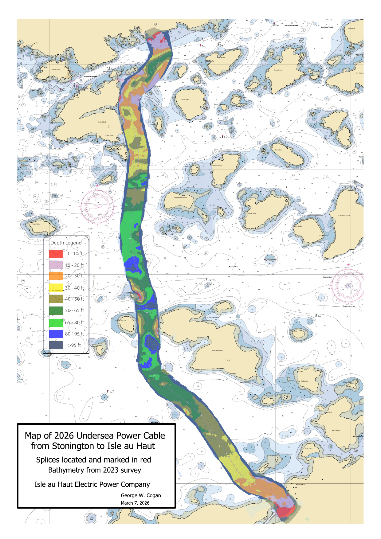 Map of 2026 undersea power cable route from Stonington to Isle au Haut, with bathymetry from 2023 survey